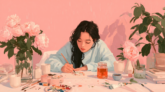 A young woman sits at a table painting in a calm, pastel-toned room surrounded by peonies, art supplies, and jars, evoking a peaceful, creative atmosphere.