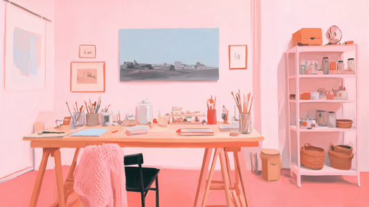 A cozy home art with a wooden workbench, scattered art supplies, and sketches softly illuminated by the warm afternoon sun.