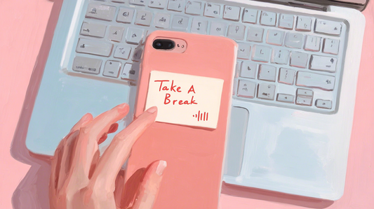 A sticky note reading “Take A Break” rests on a smartphone atop a laptop keyboard, symbolising the need to disconnect from screens.