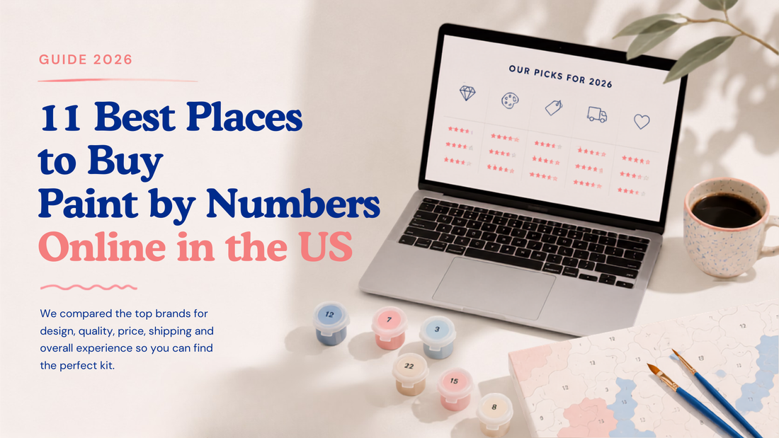 Editorial workspace featuring a laptop comparing paint by numbers brands, paint pots, brushes and a canvas beside the headline "11 Best Places to Buy Paint by Numbers Online in the US