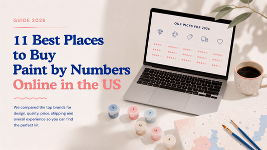 Editorial workspace featuring a laptop comparing paint by numbers brands, paint pots, brushes and a canvas beside the headline "11 Best Places to Buy Paint by Numbers Online in the US