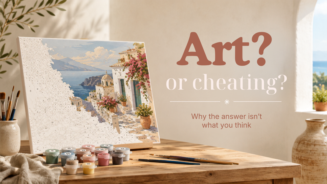 Graphic asking “Art or cheating?” above a partially completed Mediterranean paint by numbers canvas, with numbered paint pots, brushes and the tagline “The truth about paint by numbers.