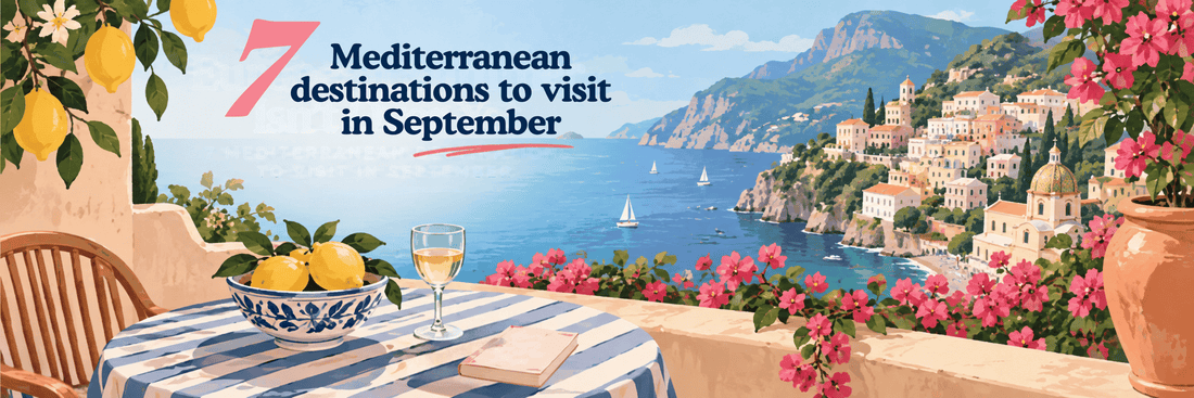 Illustrated Mediterranean terrace overlooking a blue sea and coastal village, with lemons and bougainvillea, for a guide to Mediterranean destinations in September.