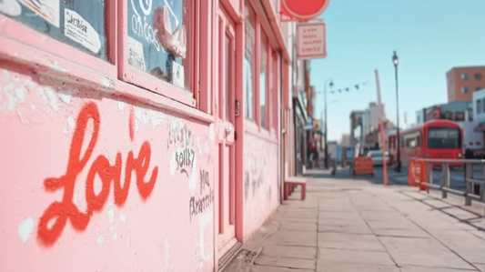 Red “Love” graffiti on a pink wall in Shoreditch, London, with a red double-decker bus in the background.