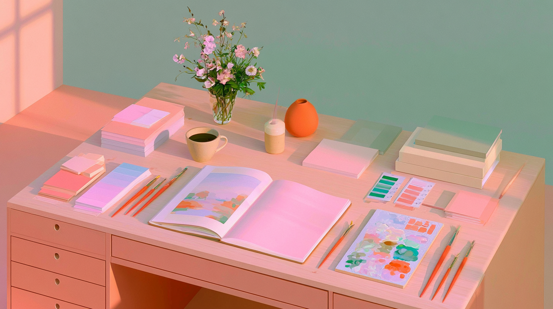 Sunlit creative workspace with sketchbook, paint palette, brushes, colour swatches, coffee cups, and fresh flowers arranged on a pastel table, illustrating beginner painting tips and colour exploration.
