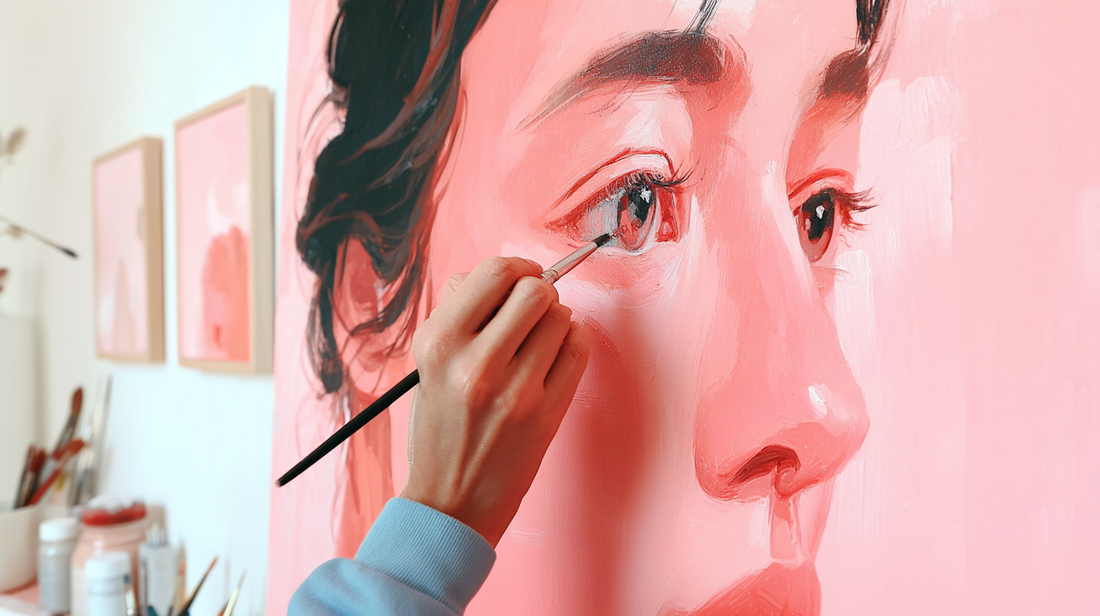 Close-up of an artist painting fine details on a realistic pink-toned portrait using a brush.
