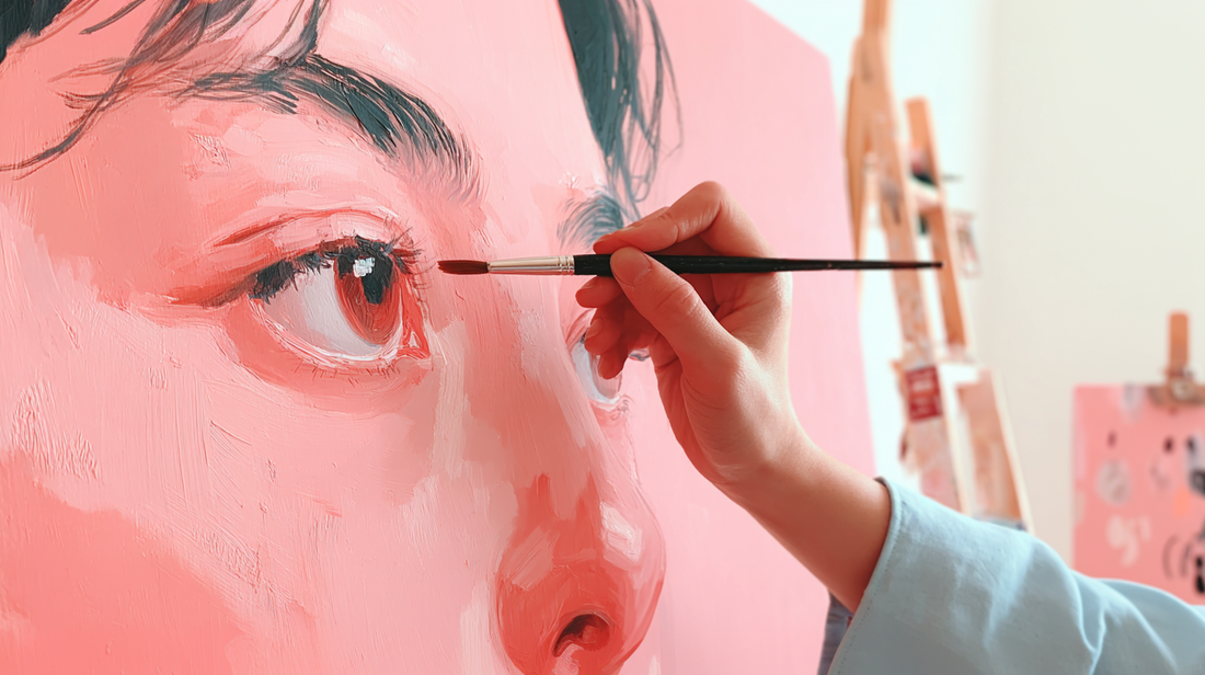 Close-up of an artist’s hand painting the eye of a large, hyper-realistic portrait of a woman in pink tones
