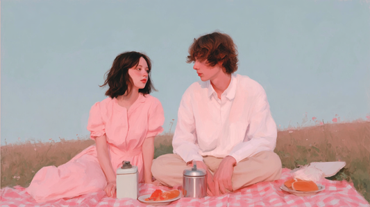 A young couple shares a romantic picnic on a pink blanket in a flower-filled field under a soft blue sky