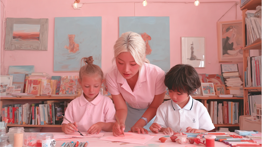 A mother helps her two young children with a painting project at a table surrounded by books, artwork, and colourful art supplies.