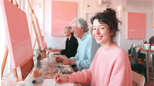 Young woman enjoying a family painting activity with her family in a cozy art studio, using paint kits at a shared table. A creative and relaxing way for families to bond through art.