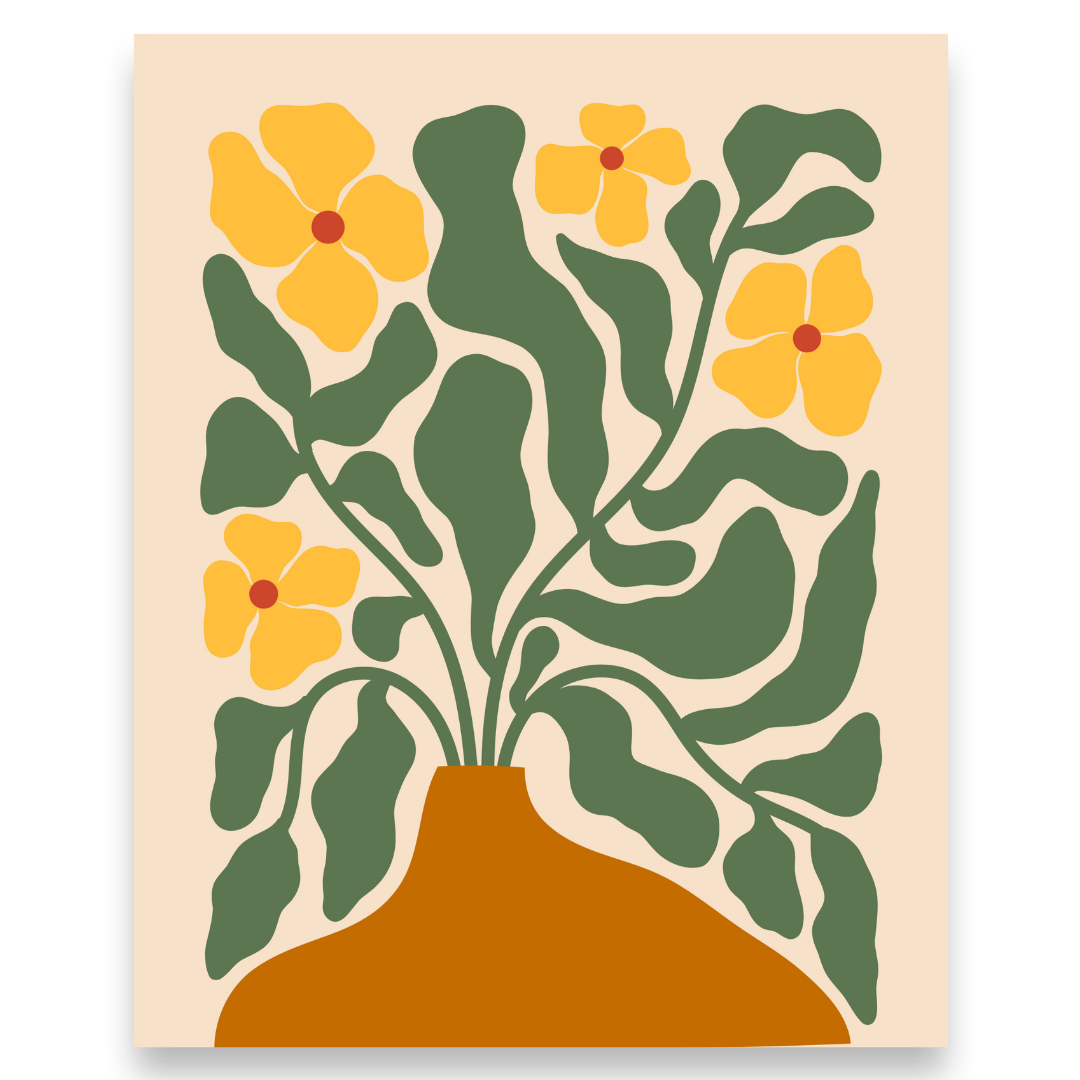 Art print with yellow flowers and green leaves in a brown vase on a beige background