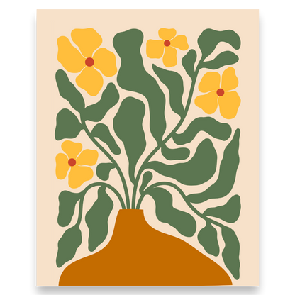 Art print with yellow flowers and green leaves in a brown vase on a beige background