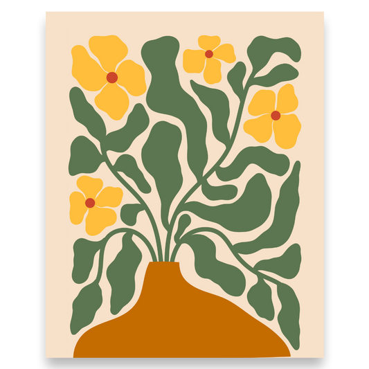 Art print with yellow flowers and green leaves in a brown vase on a beige background