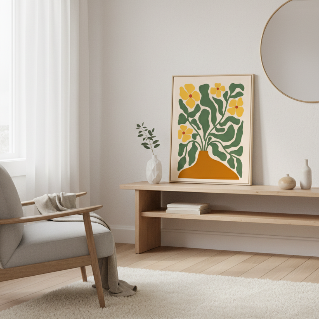 Modern living room with a floral artwork on a wooden shelf.