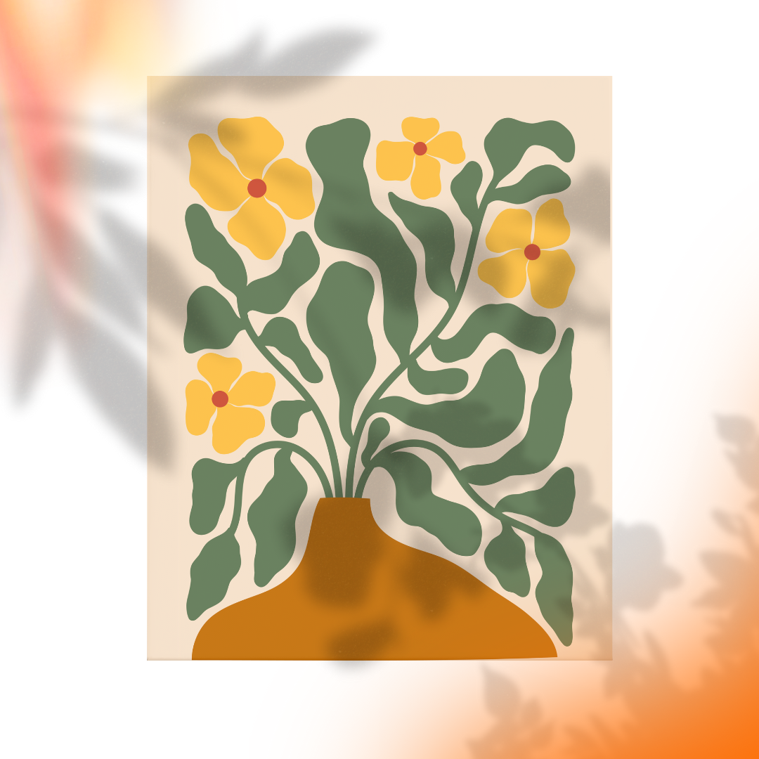 Decorative wall art with yellow flowers and green leaves in a brown vase on a beige background.