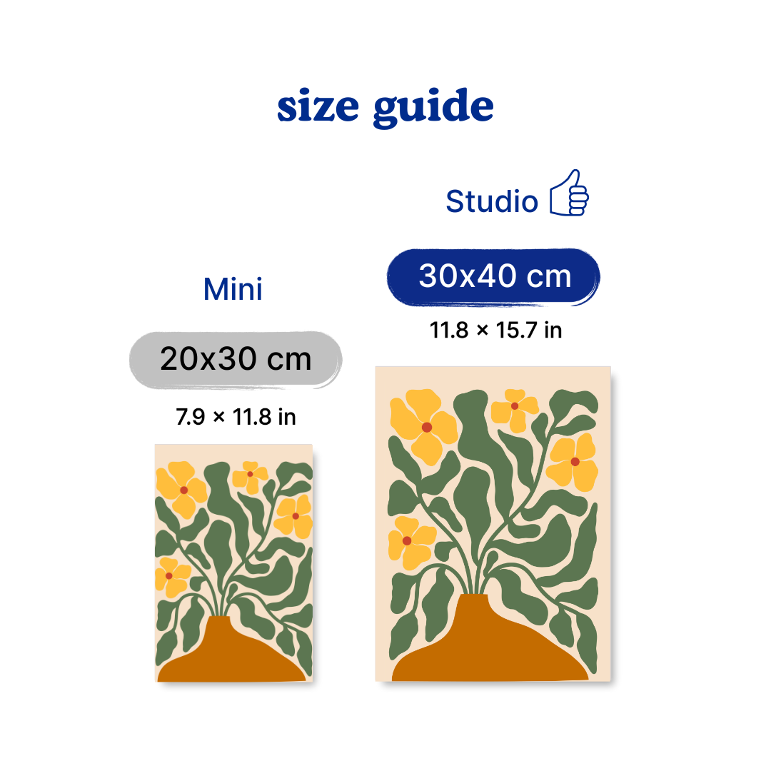 Size guide for decorative items with floral designs, showing Mini and Studio sizes.