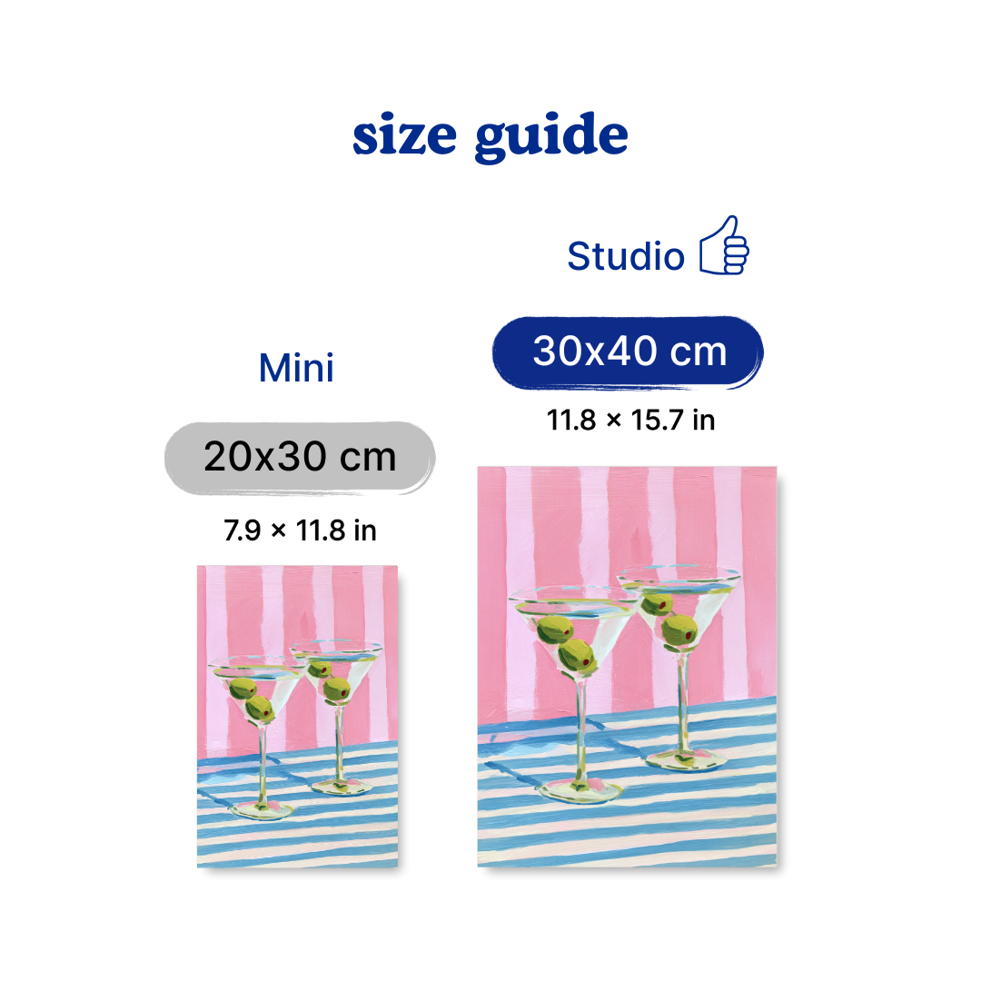 Size guide for prints with dimensions 20x30 cm and 30x40 cm, featuring a design of martini glasses on a striped background.