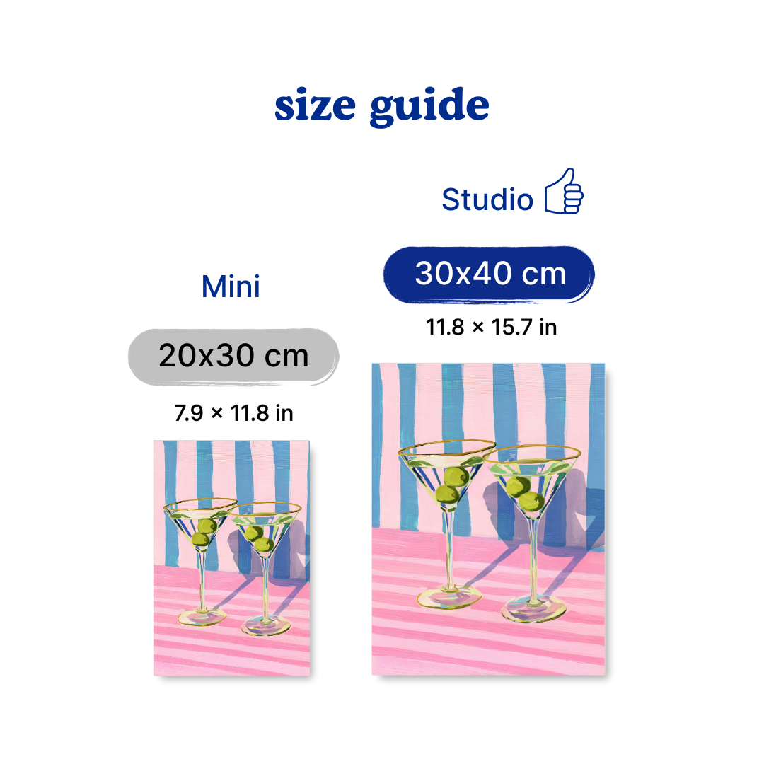 Size guide comparing Mini and Studio prints with corresponding dimensions.