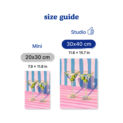 Size guide comparing Mini and Studio prints with corresponding dimensions.