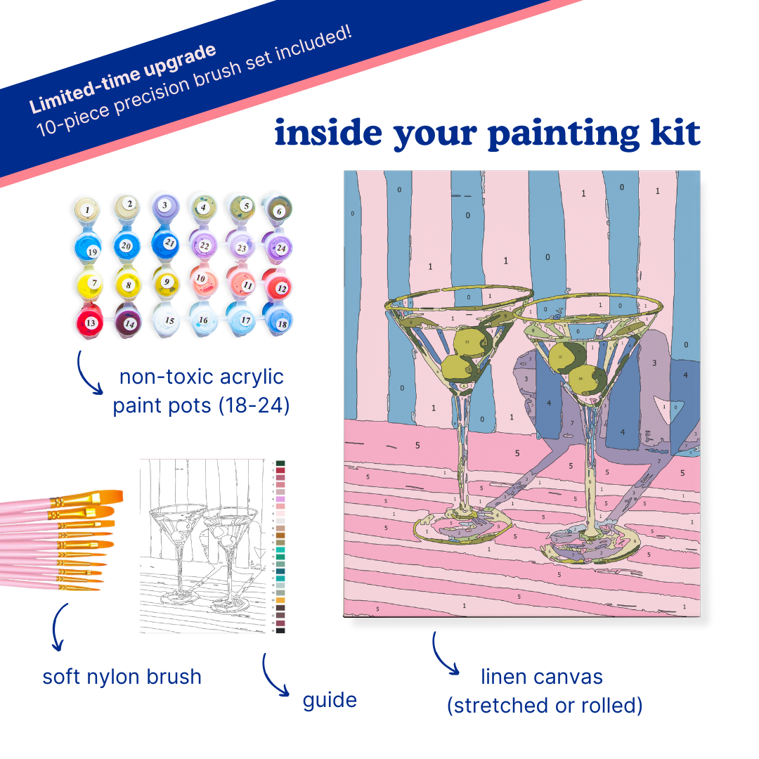 Painting kit contents including paint pots, brush, guide, and linen canvas with a cocktail design.