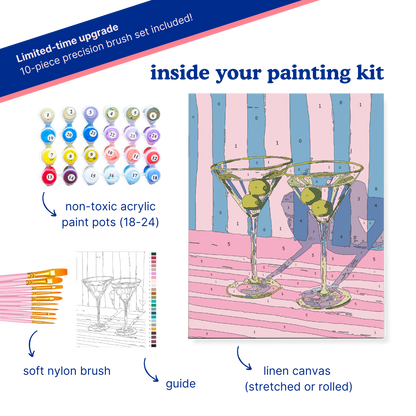 Painting kit contents including paint pots, brush, guide, and linen canvas with a cocktail design.